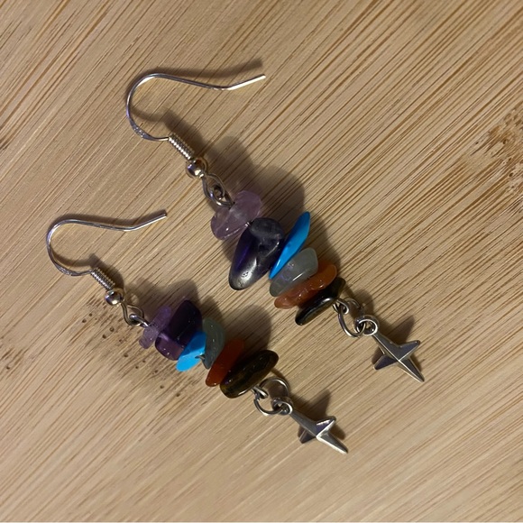 Star Chakra Pendant Dangle Earrings Stone Crystal Handmade Hook Silver Charm - Picture 3 of 5